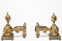 French Neoclassical-Manner Andirons, Gilt Metal