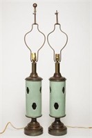 Chinese Celadon Porcelain Hat Stand Lamps, Pair