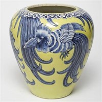 Asian Yellow- & Blue-Glazed "Roosters" Urn