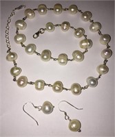 Sterling Silver Pearl Necklace & Earrings
