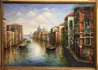 Large 6' Venice Scene Oil On Canvas In Gilt Frame