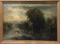 Oil On Canvas Cow Landscape In Gilt Frame