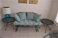 wrought iron settee and 2 tables