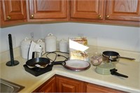 kitchen items, pans, iron, canister set
