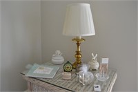 brass lamp, decorative items, prints