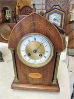 Antique 8 Day Mantel Clock , Brass Finials, 12" T