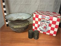 Tobacco box & tins, cast iron spittoon