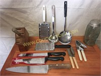 Kitchen knives, block, graters, can openers etc