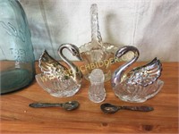 Crystal & silver plate swan salt cellars w spoons