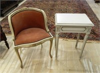 French Painted Vanity Chair and Side Table.