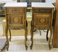 Louis XV Style Marble Top Oak Side Cabinets.