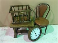 CLOCK,CHAIR, TABLE AND CRATE