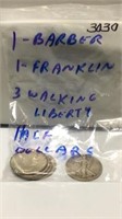 1 Barber, 1 Franklin, 3 Walking Liberty 1/2 Dollar