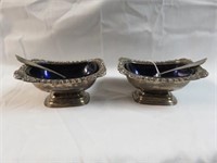 PAIR OF ORNATE SILVERPLATED SALT DIPS WITH COBALT