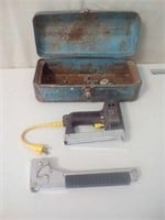 Lot of 2 staplers and old metal tool box