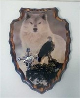 Battery operated wolf/eagle wood clock