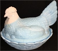 Blue And White Slag Glass Hen On Nest
