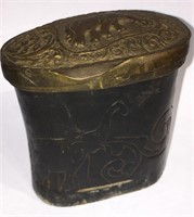 Incised Horn Trinket Box With Brass Lid, Elephants