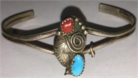 Sterling Silver, Turquoise &  Coral Cuff Bracelet