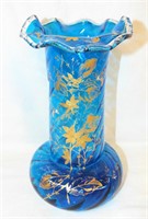 Blue Glass Vase With Gilt Floral Decoration