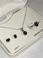 Sterling & Garnet Necklace, Earring & Ring Set