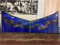 Pair of cobalt stained glass arch pieces