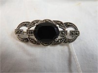 STERLING SILVER MARCASITE AND ONYX BROOCH 1.5"