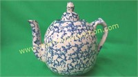 Antique Blue & White Spongeware Tea Pot - Large