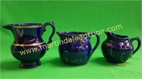 (3) Cobalt Blue Glazed Pottery Pitchers