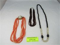 3 Pcs: Seed Bead Necklace, Garnet Color Stones, 5