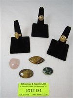4 Unmounted Gem Stones, 3 Gold Tone Rings (unmarke