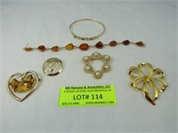 6 Pcs: Amber Bracelet, 4 Broaches, Gold Bangle Wit