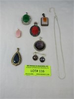 6 Pendants, Silver Chain, Pair Earrings Most Costu
