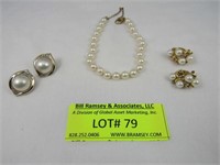 3 Pieces Pearl Style Bracelet, Pair Of Pierced Clu