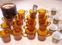 Vtg Brazil Brown Glass & Porc Mini Cups & Saucers