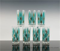 Set of 7 Lex Kuznak Teal and Gold Glasses