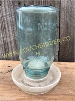 Chicken waterer with Blue ball jar