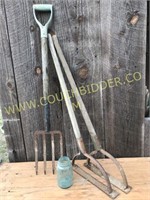 Pitch fork and 2 old weed cutter tools