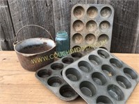 Iron kettle and muffin tins