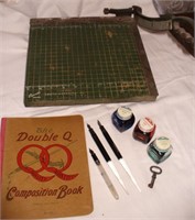 Vtg Fountain Pens, Ink Bottles, Paper Cutter +