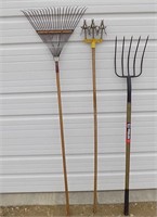 Lawn/Garden - Rake(1) Rotary Hoe(1) Pitch Fork(1)
