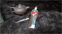 OLD WOOD CARVED ASIAN COMB, YIXING TEAPOT, IVORY