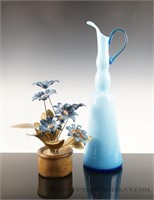 Art Glass Pitcher with Enamel Flower Sculpture