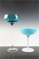 Pair of Blue Art Glass Compotes