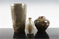Lot of three glazed art pottery vessels