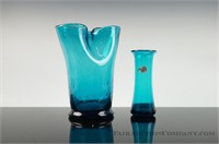 Blown Glass Blue Vase and Small Blenko Vase