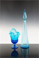 Blue Art Glass Decanter and Vase