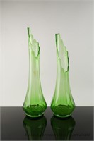 Pair of Vintage Modern Green Glass Vases