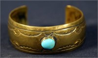 VINTAGE BRASS AND TURQUOISE INDIAN CUFF BRACELET