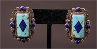 PAIR OF STERLING SILVER TURQUOISE & LAPIS EARRINGS